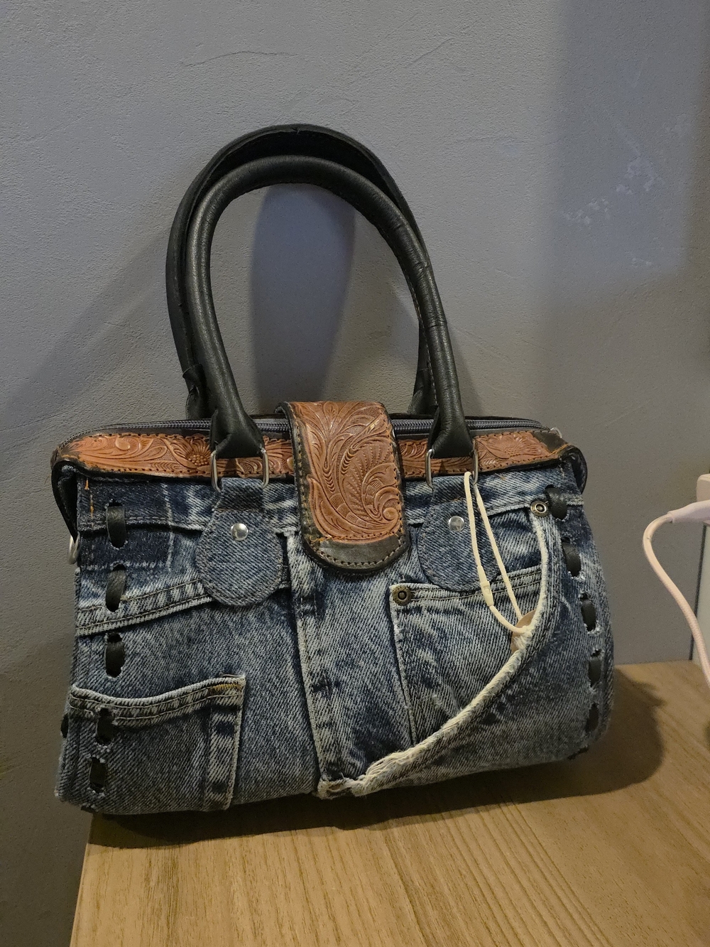 Denim Satchel with Brown Embossed Leather Trim